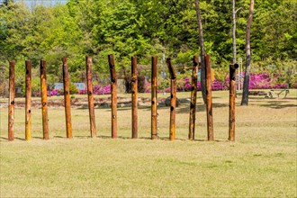 Sculpture: Row of large rusted metal pipes at at DMZ Peace Park. Artist unknown in Goseong, South