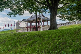 Main gate of Hongjueupseong walled town behind large tree with cloudy sky in background in South