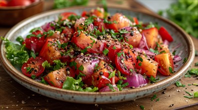 Mediterranean fresh and appetizing tomato salad with lettuce, red onion, and parsley in a seasoned