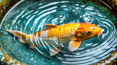 An orange koi carp swims in a very small bowl and lifts its head out of the clear water, AI