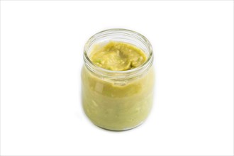 Baby puree with vegetable mix, broccoli, tomatoes, cucumber, avocado infant formula in glass jar