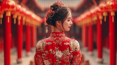 Woman in a traditional Chinese dress standing between red pillars, AI generated