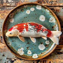 A koi carp with the colours white, red and black lies without water on a very small glazed clay