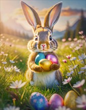 Cute bunny character holding colorful Easter eggs among blooming flowers on the spring meadow.
