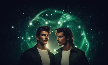 Young man Gemini by zodiac sign with dark hair and green eyes against the background of the starry