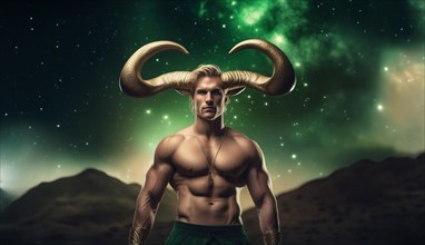 Young male Taurus zodiac sign with Taurus horns with blond hair and green eyes against the