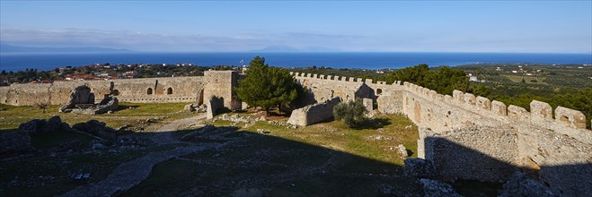 Panoramic picture, overview of a fortress with a view of the sea and the horizon, Chlemoutsi, high