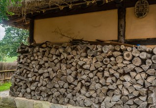 Firewood logs stacked neatly next to exterior wall of old thatched roof building in public park in