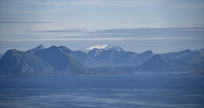 Sea Vestfjorden and mountain peaks on the coast, view from the top of Dronningsvarden or