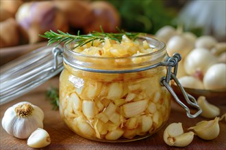 An open glass jar with pickled garlic and onions, surrounded by fresh ingredients and rosemary, AI