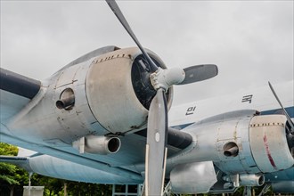 Radial engines mounted on wing of C-54 Skymaster on display at museum in Jeju, South Korea, Asia