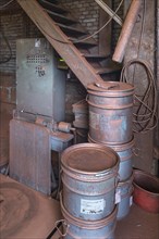 Bronze powder bins in the production room of a metal powder mill, founded around 1900, Igensdorf,