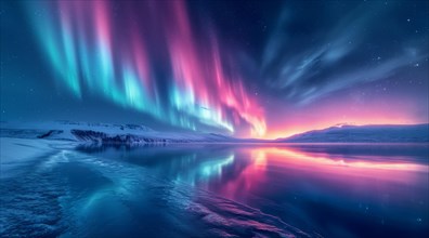 Stunning purple and blue aurora borealis reflecting on a snow-covered serene landscape, AI