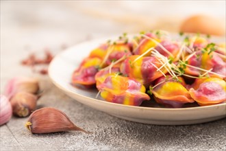 Rainbow colored dumplings with pepper, herbs, microgreen on brown concrete background and linen