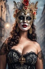 Elegantly dressed woman in a detailed Venetian mask with red rose, embodying the mysterious spirit