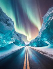Straight asphalt road piercing a glacier land with huge ice crystal cliffs grown out of snow.