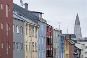 Colourful houses, Hallgrimskirkja or Hallgrimskirkja, Reykjavik, Iceland, Europe