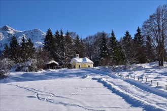 Snow-covered chapel Maria on the humpback meadows Werdenfelser Land near Garmisch in wintry idyll,
