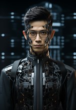 Portrait of a man with cybernetic implants and visible electronics on a futuristic background,