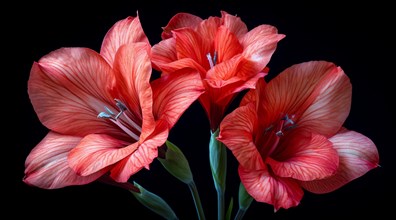 Close-up of red Butterfly sword lily, Gladiolus papilio blooms with a dramatic black background, AI