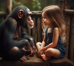 A chimpanzee and a little girl sit opposite each other and gaze intently at each other, AI