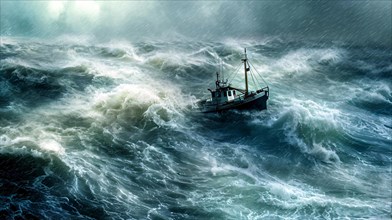 A heavy storm sweeps over the sea and creates very high waves at wind force 12 and in the middle of