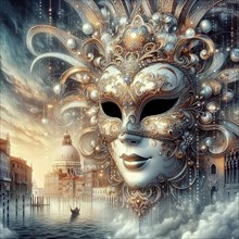 An opulent mask with pearls floating among clouds above Venice ai generated, AI generated