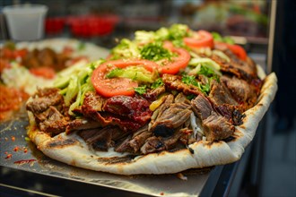 An appetising doner kebab with fresh salad, tomatoes and juicy meat on flatbread, KI generated, AI