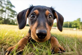 Young dachshund puppy lying in a sunlit field, surrounded by nature, AI generated