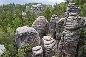 Layered sandstone rocks surrounded by forest, a view of the treetops, Prachovske skaly, Prachov