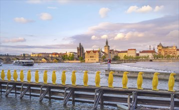 Museum Kampa's Yellow Pinguins, modern art in Prague, Czech Republic and view of old town with