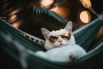 Relaxing cat with sunglasses in hammock. KI generiert, generiert AI generated