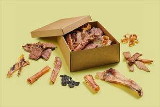 Craft cardboard box with dehydrated treats for dogs