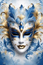 Symmetrical and ornate blue and gold masquerade mask on a baroque-inspired background, ai