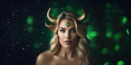 Young Taurus woman with blond hair and green eyes against the background of the starry sky