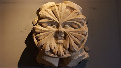 Detailed stone sculpture of a human face, Museum, Chlemoutsi, High Medieval Crusader castle,