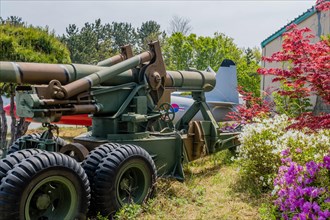 Side view of eight inch antitank gun on display at Unification Observation Tower in Goseong, South