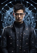 Portrait of a serious-looking man in an AI-supported suit against a futuristic, digital background,