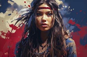 Illustration of an Indian-style woman with a red headband and intense gaze, surrounded by dynamic
