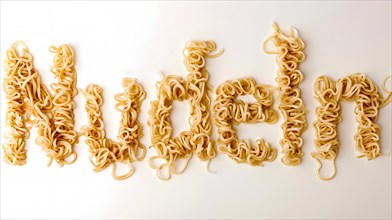 Asian Mie noodles lie in the word noodles moulded on a white plate, Food, AI generated, AI
