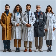 A diverse group of five fashionably dressed medical professionals, AI generated