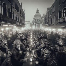 Black and white image of a crowded carnival scene in Venice with people wearing traditional masks