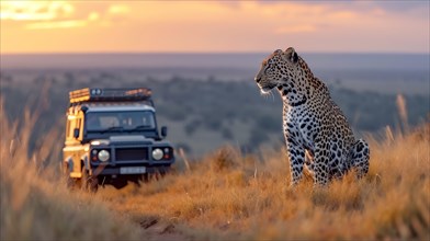 Leopard (Panthera pardus) in natural environment with Jeep, Landrover, AI generated
