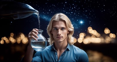 Young man Aquarius according to the zodiac sign with blond hair and blue eyes against the