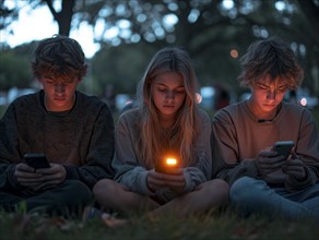 Several young people look bored at their cell phones, neglect social contacts, sport, reading, AI