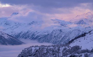 Mountain panorama, foggy landscape, Belalp, Naters, Brig, Canton Valais, Switzerland, Europe