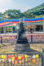 September 28, 2020: Hexagonal multi-story stone pagoda at temple in Gimje-si, South Korea, Asia