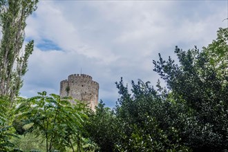 Tower of castle ruins behind treeline against blue partly cloudy sky in Istanbul, Tuerkiye