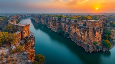 Sunset over Gandikota fort on the banks of the Penner river river with cliffs in Kadapa district,