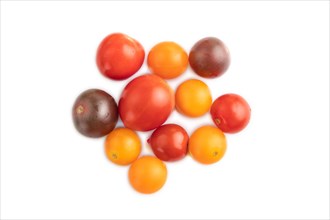 Red. yellow cherry tomatoes isolated on white background. Top view, flat lay